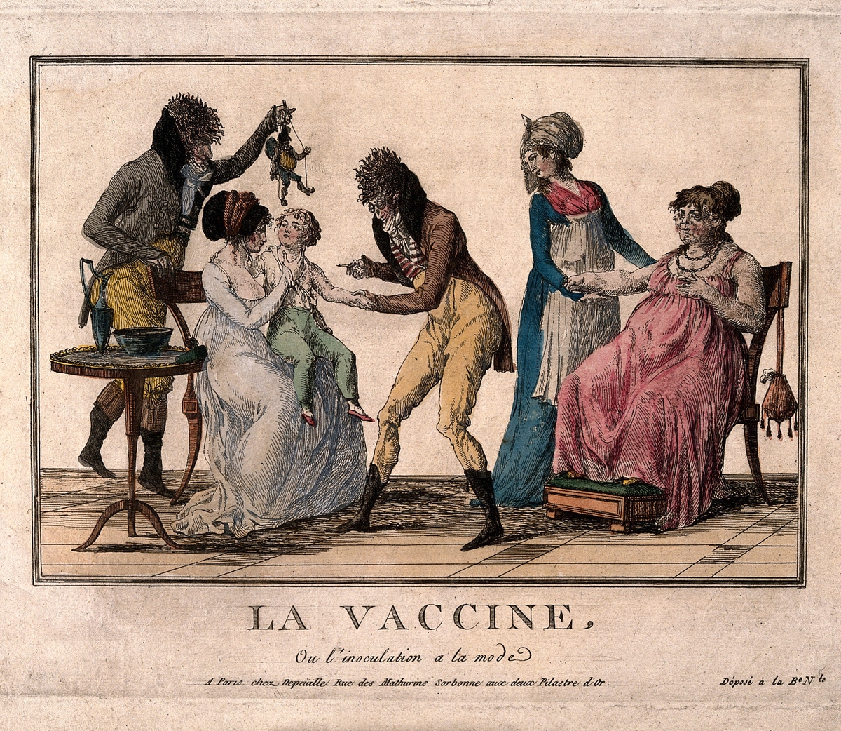 A vintage illustration demonstrating vaccine administration.